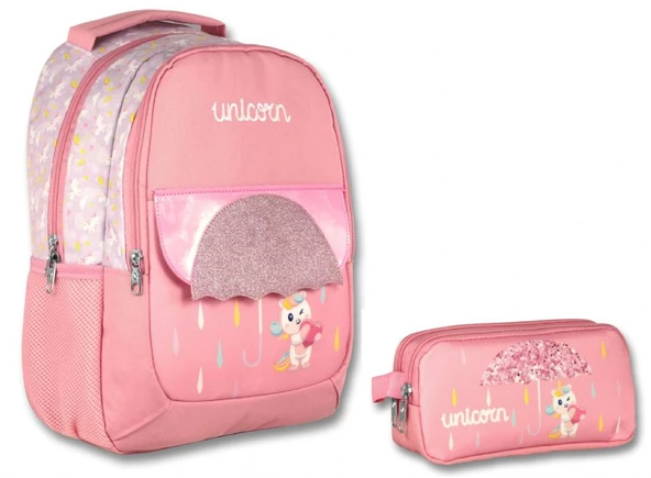 Ümit Çanta Cennec Kız Çocuk Pembe Simli Üç Gözlü Okul Çantası ve İki Gözlü Kalem Çantası Seti ürün görseli 1