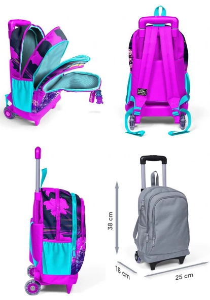 Coral High Işıklı Tekerlekli Mor Pembe Anime Kedi Çekçek Okul Çantası - Kız Çocuk - Resim 2