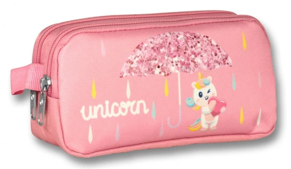 Ümit Çanta Cennec Kız Çocuk Pembe Simli Üç Gözlü Okul Çantası ve İki Gözlü Kalem Çantası Seti - Resim 3