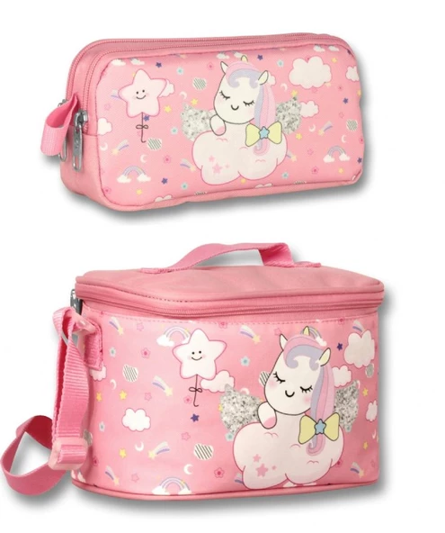 Cennec Sevimli Unicorn Kız Çocuk Pembe Isı Yalıtımlı Beslenme Çantası ve Kalemlik Seti ürün görseli