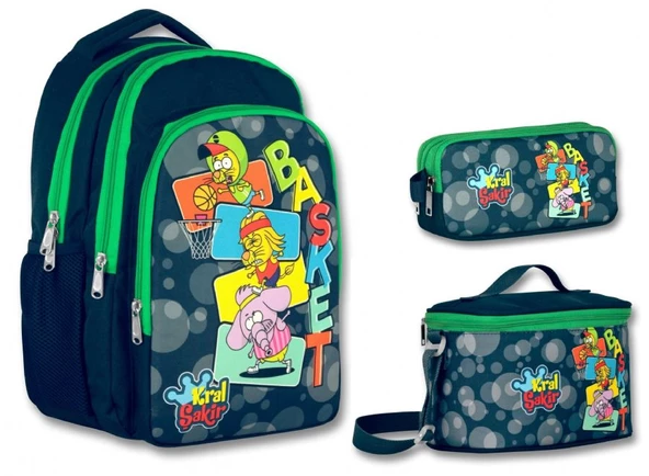 Kral Şakir Basket Baskılı Üçlü İlkokul Çanta Seti - Lacivert/Yeşil - Erkek Çocuk ürün görseli