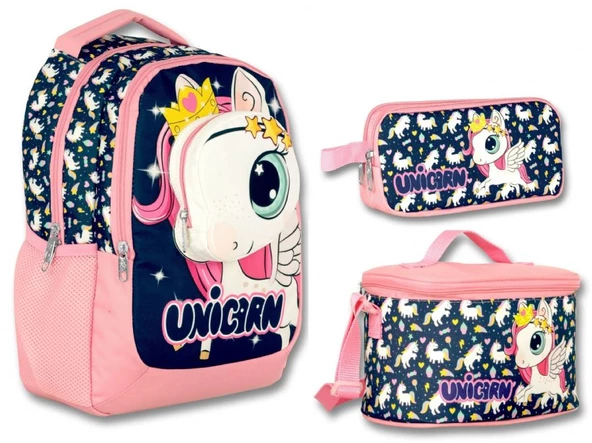 Cennec 3D Unicorn Lacivert-Pembe Kız Çocuk Üçlü İlkokul Çanta Seti ürün görseli