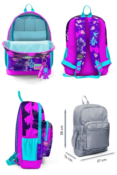 Coral High Kız Çocuk Mor Pembe Anime Kedi Desenli İlkokul Okul Çanta Seti ve Bel Çantası - Resim 2