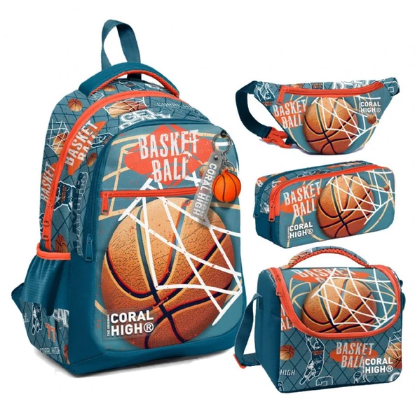 Coral High Nefti Turuncu Basketbol Desenli Erkek Çocuk Okul Beslenme Kalemlik ve Bel Çantası Seti - İlkokul İçin Uygun ürün görseli