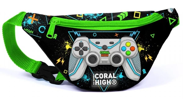 Coral High Siyah Fosforlu Yeşil Gamer Desenli Erkek Çocuk Okul Beslenme Kalemlik ve Bel Çantası Seti - İlkokul İçin Uygun - Resim 5