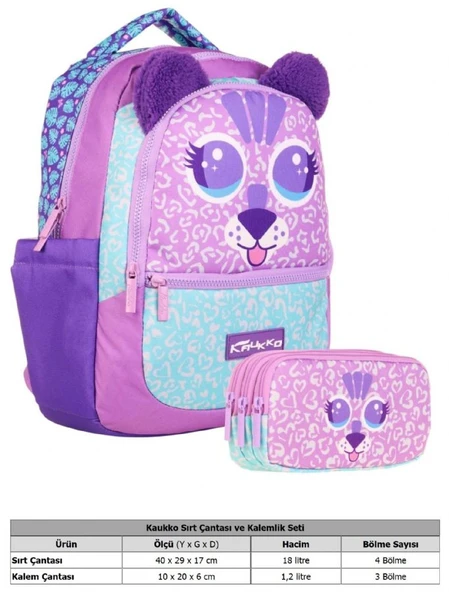 Kaukko Okul Çantası ve Üç Bölmeli Kalemlik Seti - Mor - Sevimli Aslan Şekilli - Resim 2
