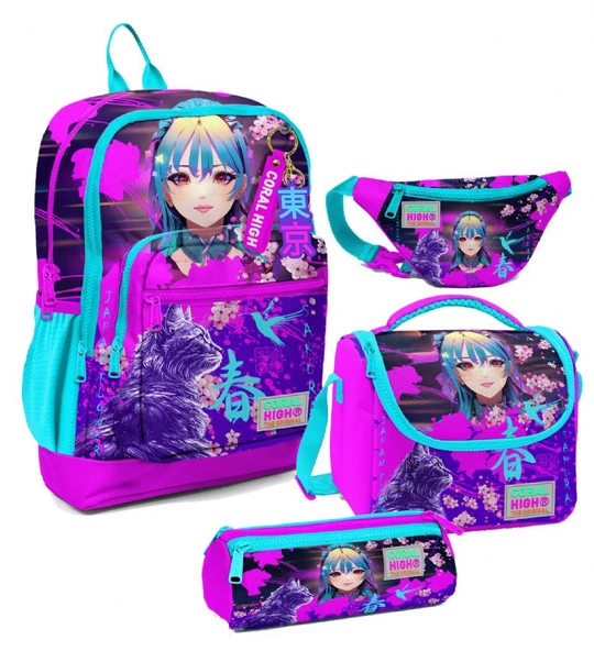 Coral High Kız Çocuk Mor Pembe Anime Kedi Desenli İlkokul Okul Çanta Seti ve Bel Çantası