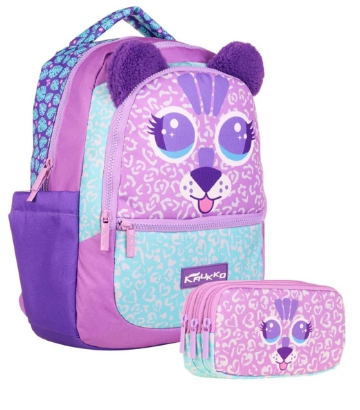 Kaukko Okul Çantası ve Üç Bölmeli Kalemlik Seti - Mor - Sevimli Aslan Şekilli ürün görseli