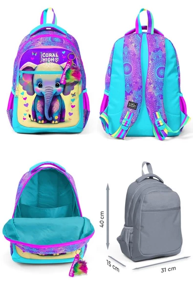 Coral High Pembe Turkuaz Fil Desenli Kız Çocuk Okul Beslenme Kalemlik ve Bel Çantası Seti - İlkokul İçin Uygun - Resim 2