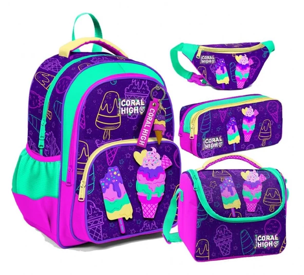 Coral High Mor Pembe Dondurma Desenli Kız Çocuk Dörtlü Okul Çanta Seti - İlkokul ve Ortaokul İçin Uygun ürün görseli