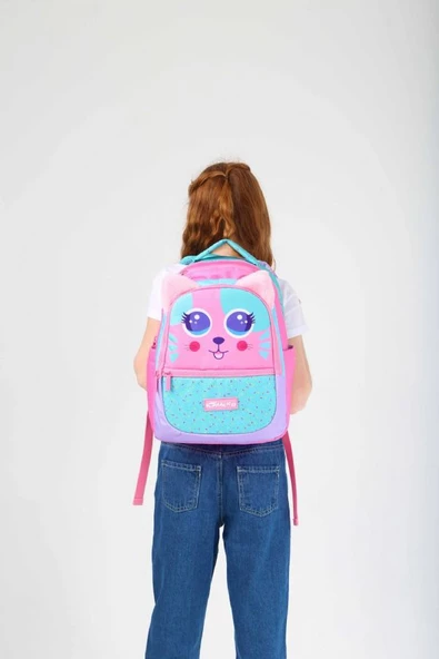 Kaukko Kids Yeşil Pembe Sevimli Kedi Kız Çocuk Okul Sırt Çantası - Resim 4
