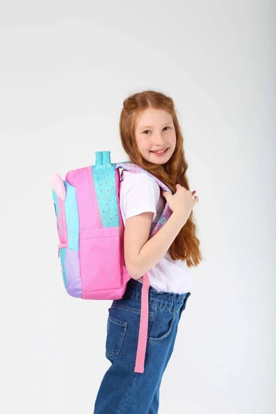 Kaukko Kids Yeşil Pembe Sevimli Kedi Kız Çocuk Okul Sırt Çantası - Resim 3
