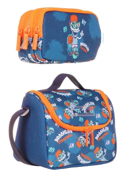 Kaukko Erkek Çocuk Isı Yalıtımlı Beslenme Çantası ve Kalemlik Seti - Mavi Turuncu Basketbol ürün görseli