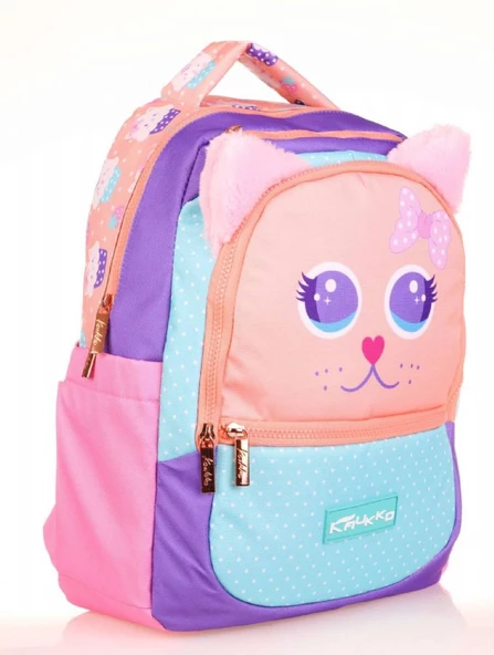 Kaukko Kids Sevimli Kedi Çok Renkli Kız Çocuk Okul Sırt Çantası