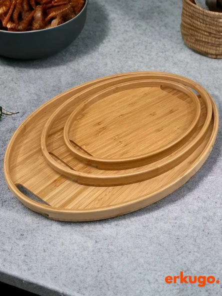 3'lü Bambu Oval Tepsi, Servis Tepsileri, İskandinav Tepsi Seti, Çay Tepsisi - 5