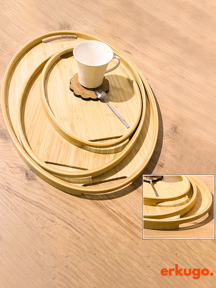 3'lü Bambu Oval Tepsi, Servis Tepsileri, İskandinav Tepsi Seti, Çay Tepsisi - 4