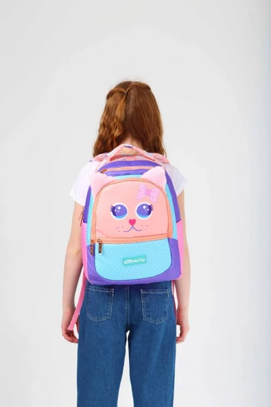 Kaukko Kids Sevimli Kedi Çok Renkli Kız Çocuk Okul Sırt Çantası - 4