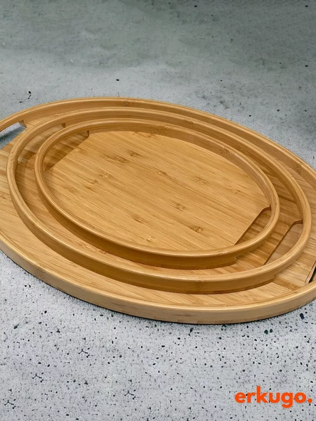 3'lü Bambu Oval Tepsi, Servis Tepsileri, İskandinav Tepsi Seti, Çay Tepsisi - 2