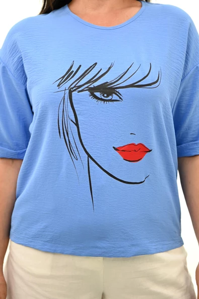 Kadın Büyük Beden Yüz Baskılı T-shirt 1788-25 - 6