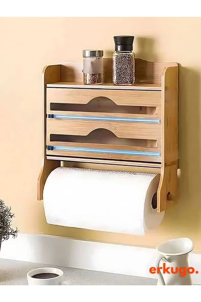 Bambu Fonksiyonel Raflı Streç Folyo Kesme Kutusu ve Kağıt Havlu Askılığı - 3