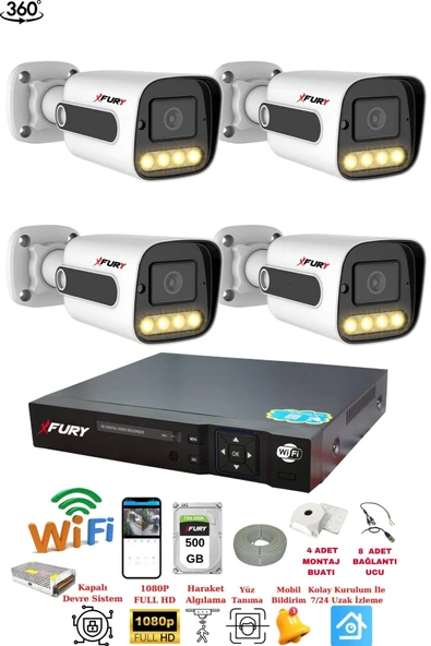FURY 4 Kameralı Su Geçirmez 1080P 4 x Ultra Ledli Gece Renkli Güvenlik Kamera Seti 5500 500GB ürün görseli