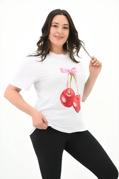 Kadın Büyük Beden Kiraz Baskılı T-shirt 1785-24 - 8