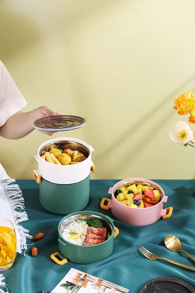 Vagonlife Bento Lunch Box Ofis-Okul İçin Yeni Nesil Sefer Tası 3 Katlı Büyük Boy Çelik FF545 - 12