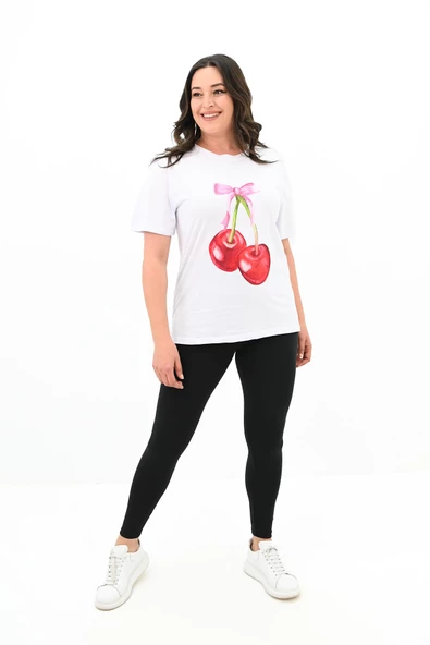 Kadın Büyük Beden Kiraz Baskılı T-shirt 1785-24 - 9
