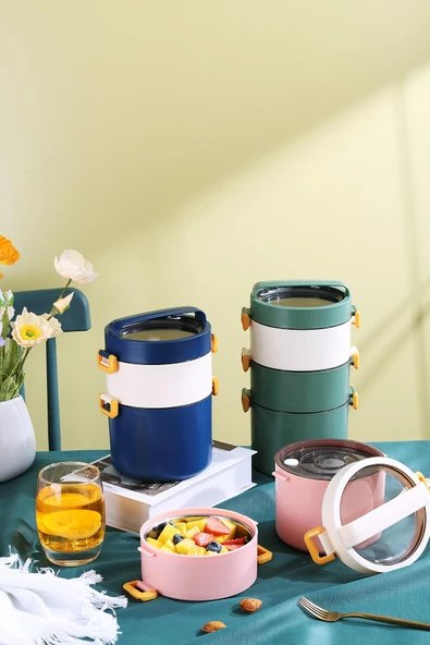 Vagonlife Bento Lunch Box Ofis-Okul İçin Yeni Nesil Sefer Tası 3 Katlı Büyük Boy Çelik FF545 - 6