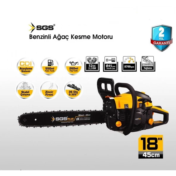 SGS Plus Hitech Profesyonel Ağaç Kesme Motoru Benzinli