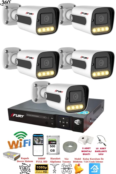 FURY 5 Kameralı Su Geçirmez 1080P 4 x Ultra Ledli Gece Renkli Güvenlik Kamera Seti 5500 500GB