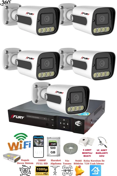FURY 5 Kameralı Su Geçirmez 1080P 4 x Ultra Ledli Gece Renkli Güvenlik Kamera Seti 5500 500GB - 2