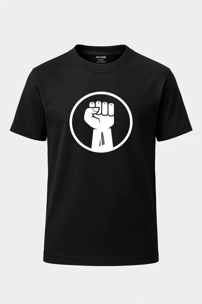 Havada Yumruk Baskılı Unisex Bisiklet Yaka Tişört Siyah