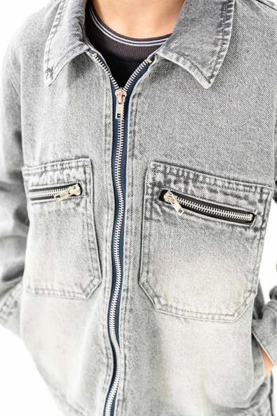 Çift Cepli Fermuarlı Göğüs Cepli Erkek Çocuk Kot Ceket - Resim 5