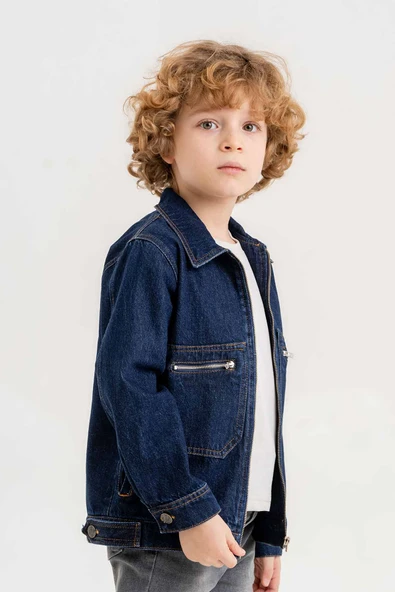 Çift Cepli Fermuarlı Göğüs Cepli Erkek Çocuk Kot Ceket - 8