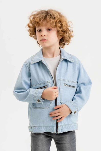 Çift Cepli Fermuarlı Göğüs Cepli Erkek Çocuk Kot Ceket - 11