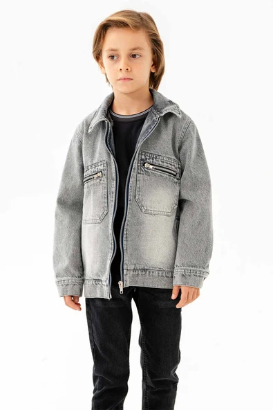 Çift Cepli Fermuarlı Göğüs Cepli Erkek Çocuk Kot Ceket - Resim 7