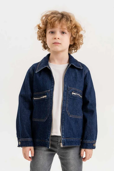 Çift Cepli Fermuarlı Göğüs Cepli Erkek Çocuk Kot Ceket - 7