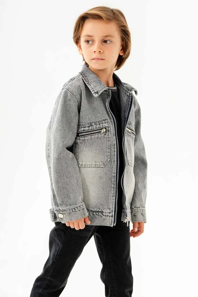 Çift Cepli Fermuarlı Göğüs Cepli Erkek Çocuk Kot Ceket - Resim 8