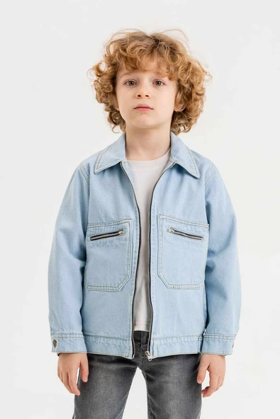 Çift Cepli Fermuarlı Göğüs Cepli Erkek Çocuk Kot Ceket - 3