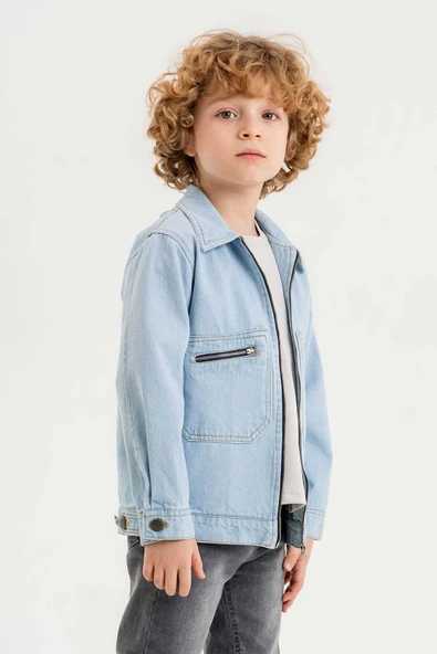 Çift Cepli Fermuarlı Göğüs Cepli Erkek Çocuk Kot Ceket - 4