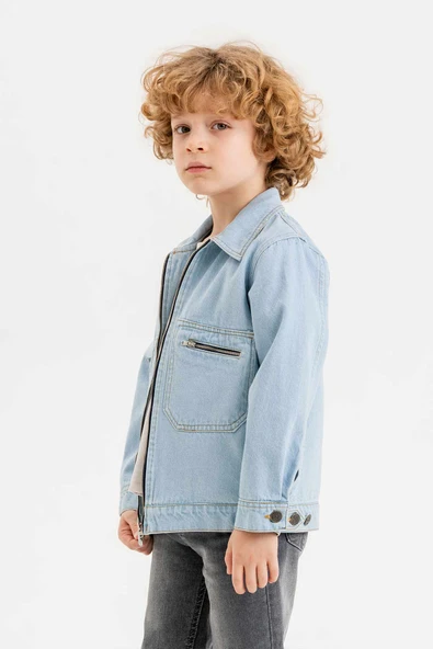 Çift Cepli Fermuarlı Göğüs Cepli Erkek Çocuk Kot Ceket - 5