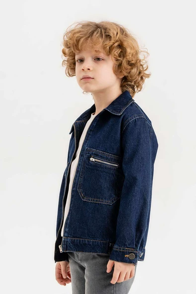 Çift Cepli Fermuarlı Göğüs Cepli Erkek Çocuk Kot Ceket - 9