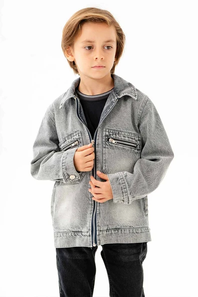 Çift Cepli Fermuarlı Göğüs Cepli Erkek Çocuk Kot Ceket - Resim 9