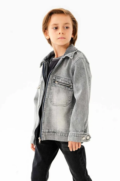 Çift Cepli Fermuarlı Göğüs Cepli Erkek Çocuk Kot Ceket - Resim 6