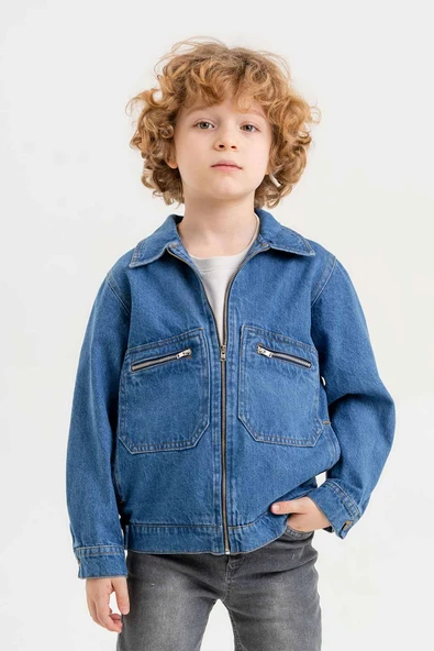 Çift Cepli Fermuarlı Göğüs Cepli Erkek Çocuk Kot Ceket