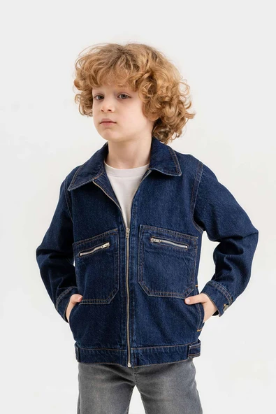 Çift Cepli Fermuarlı Göğüs Cepli Erkek Çocuk Kot Ceket - Resim 10