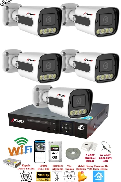 FURY 5 Kameralı Su Geçirmez 1080P 4 x Ultra Ledli Gece Renkli Güvenlik Kamera Seti 5500 320GB - Resim 2
