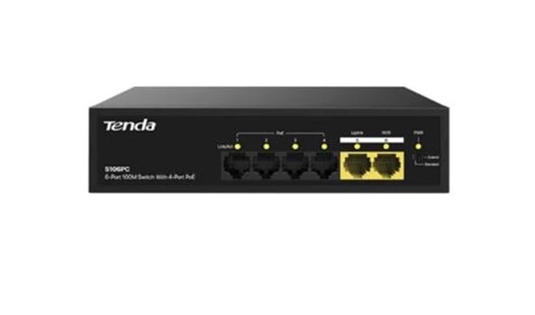 Tenda S106PC 6 Port 4 Port Poe+ 10-100 Mbps + 2 Port Uplink Switch Çelik Kasa Rack Mount