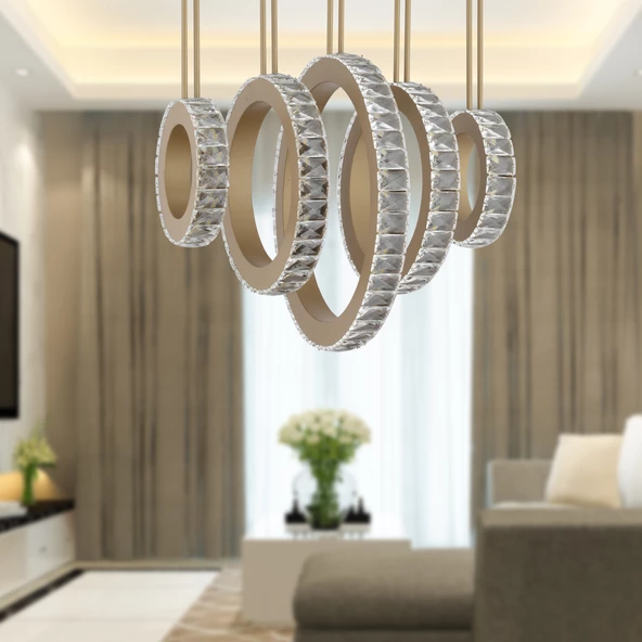 Apliqa Corina 5'li Asimetrik Sıralı Eskitme 3 Renkli 140 Watt Ledli Yemek Masası Üstü, Oturma Odası, Salon Avize